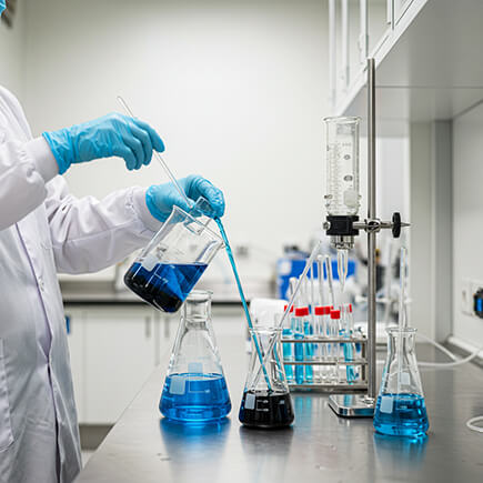 Lab technician blending professional UV-stable water dyes for lakes, ponds, and landscaping applications