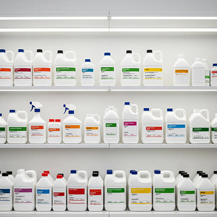 Shelves stocked with high-performance chemical solutions including algaecides, herbicides, insecticides, and environmental treatments